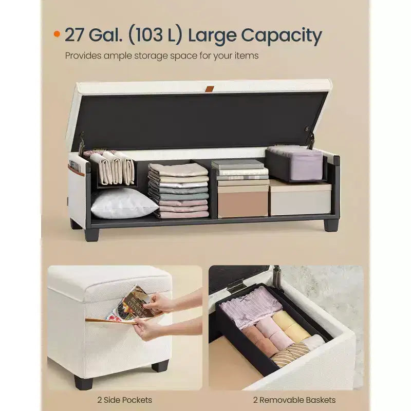 Panca contenitore imbottita da 43.3 con capacità di 27 Gal (103 L), da posizionare ai piedi del letto, con spazio contenitivo per la camera da letto
