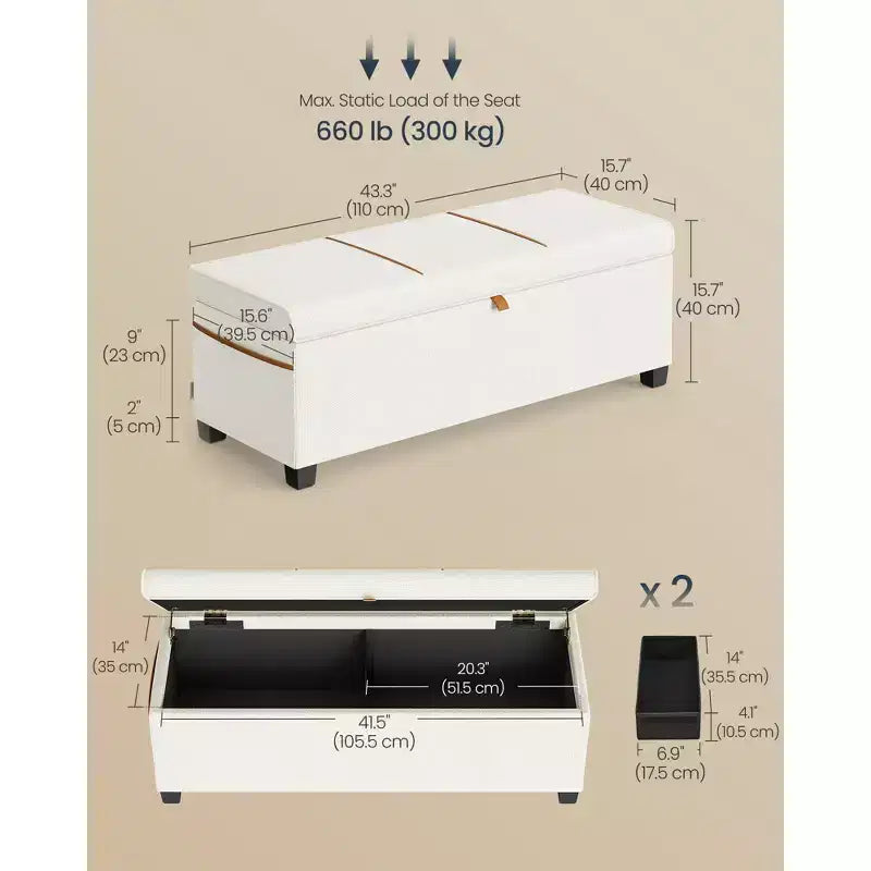 Panca contenitore imbottita da 43.3 con capacità di 27 Gal (103 L), da posizionare ai piedi del letto, con spazio contenitivo per la camera da letto