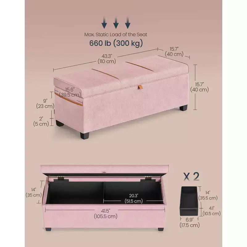Panca contenitore imbottita da 43.3 con capacità di 27 Gal (103 L), da posizionare ai piedi del letto, con spazio contenitivo per la camera da letto