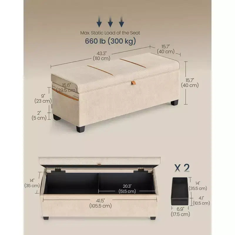Panca contenitore imbottita da 43.3 con capacità di 27 Gal (103 L), da posizionare ai piedi del letto, con spazio contenitivo per la camera da letto