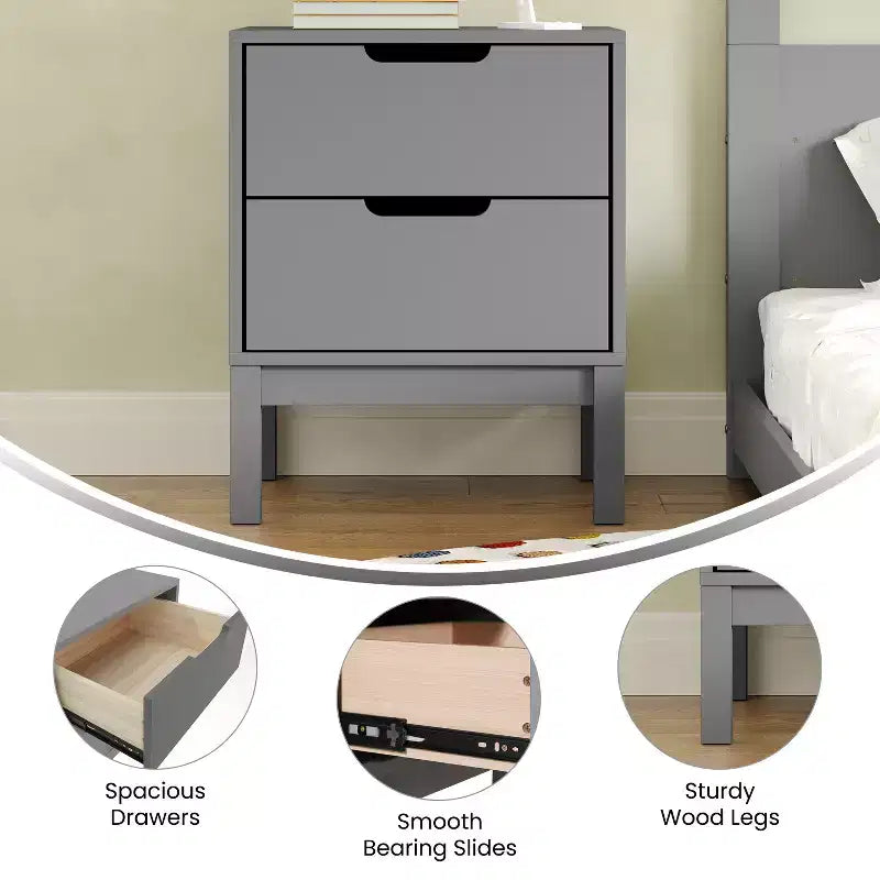 Kids Double-Drawer Night Stand with Solid Wood Frame, Side Table for Kids Bedroom