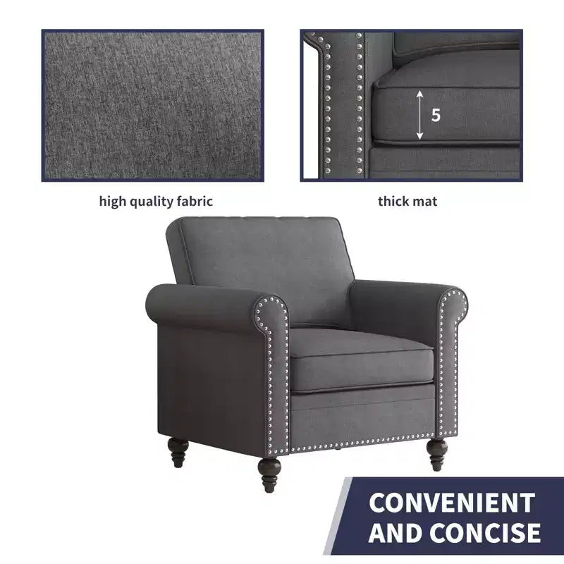 Modern Rivet Design Accent Chair Linen Fabric Armchair Single Sofa,Mid Century 1-Seater Sofa Couch for Home/Office/Apartment