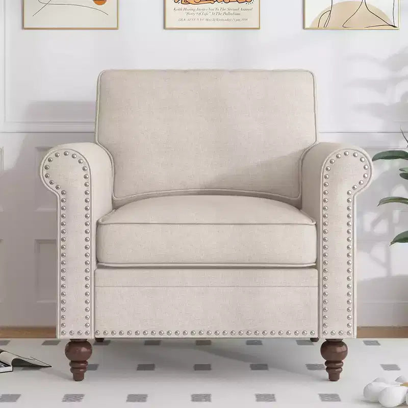 Modern Rivet Design Accent Chair Linen Fabric Armchair Single Sofa,Mid Century 1-Seater Sofa Couch for Home/Office/Apartment