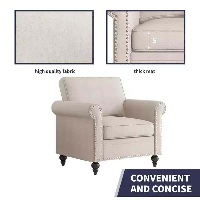 Modern Rivet Design Accent Chair Linen Fabric Armchair Single Sofa,Mid Century 1-Seater Sofa Couch for Home/Office/Apartment