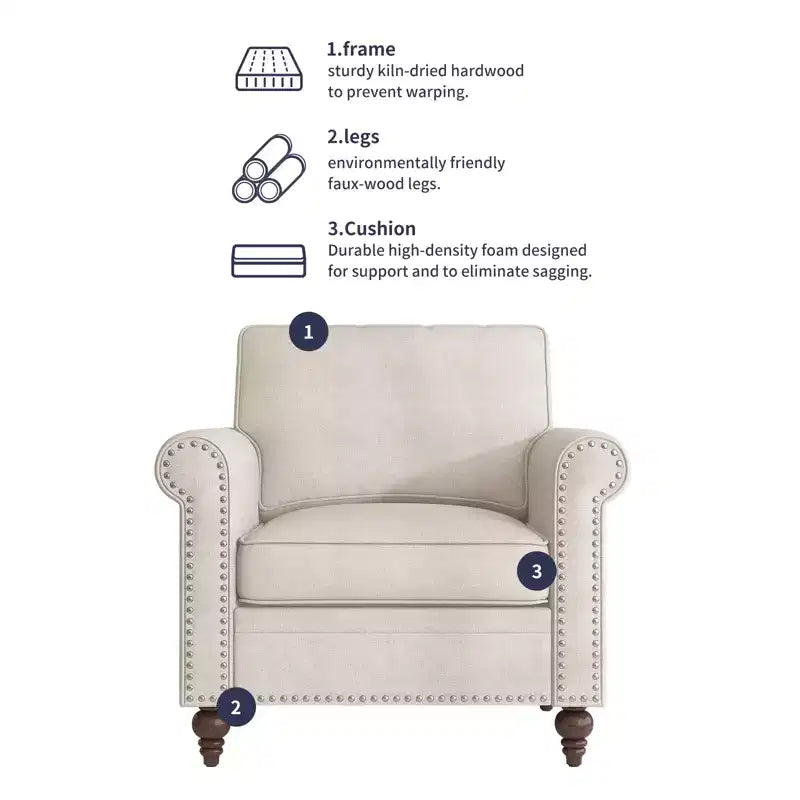 Modern Rivet Design Accent Chair Linen Fabric Armchair Single Sofa,Mid Century 1-Seater Sofa Couch for Home/Office/Apartment
