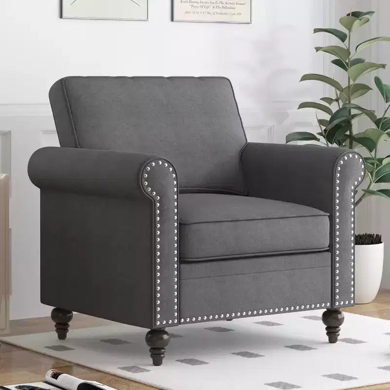 Modern Rivet Design Accent Chair Linen Fabric Armchair Single Sofa,Mid Century 1-Seater Sofa Couch for Home/Office/Apartment