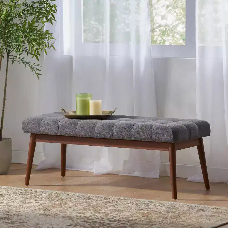 Mid-Century Modern 44-Inch Upholstered Tufted Rubberwood Ottoman