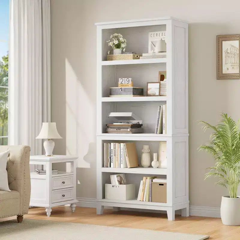 Libreria alta bianca a 5 ripiani, grande libreria in legno con ripiani regolabili