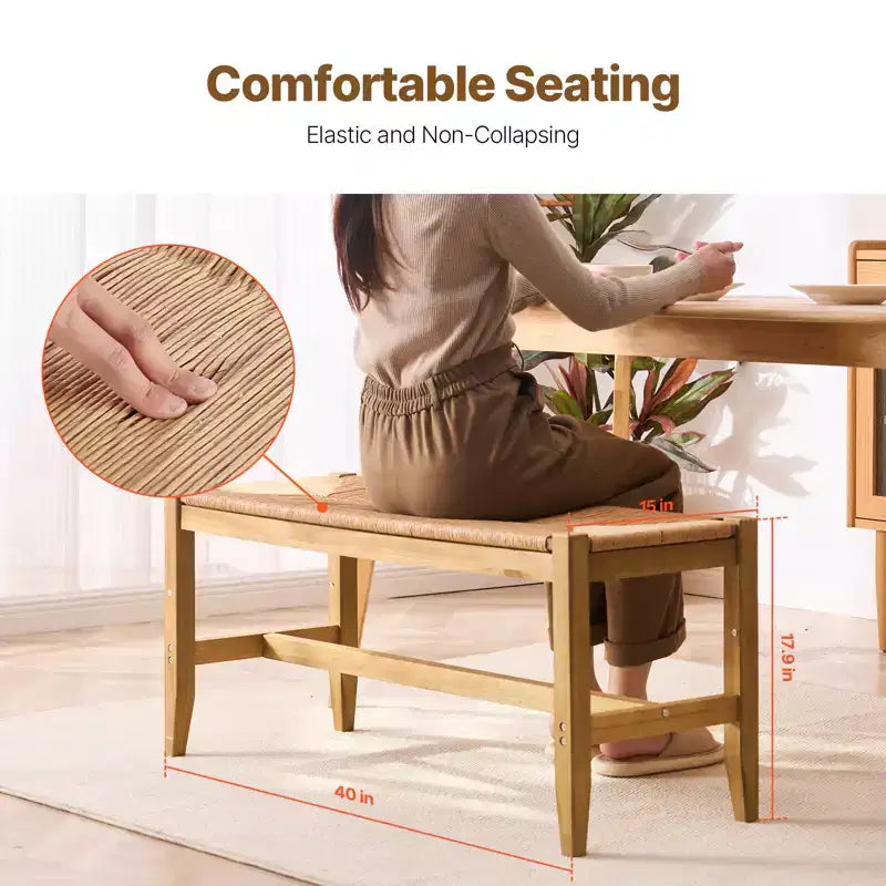 Rattan Bench, 40 Wooden Rattan Bench, Entrywway Bench with Oak Wood Legs, Bedroom End of Bed Boho Bench with Hand Woven Rattan