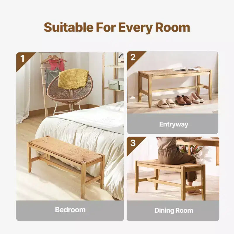 Rattan Bench, 40 Wooden Rattan Bench, Entrywway Bench with Oak Wood Legs, Bedroom End of Bed Boho Bench with Hand Woven Rattan