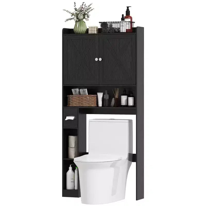 Mobile contenitore sopra il WC, organizer da bagno in stile rustico con ante a fienile, ripiano regolabile e portarotolo