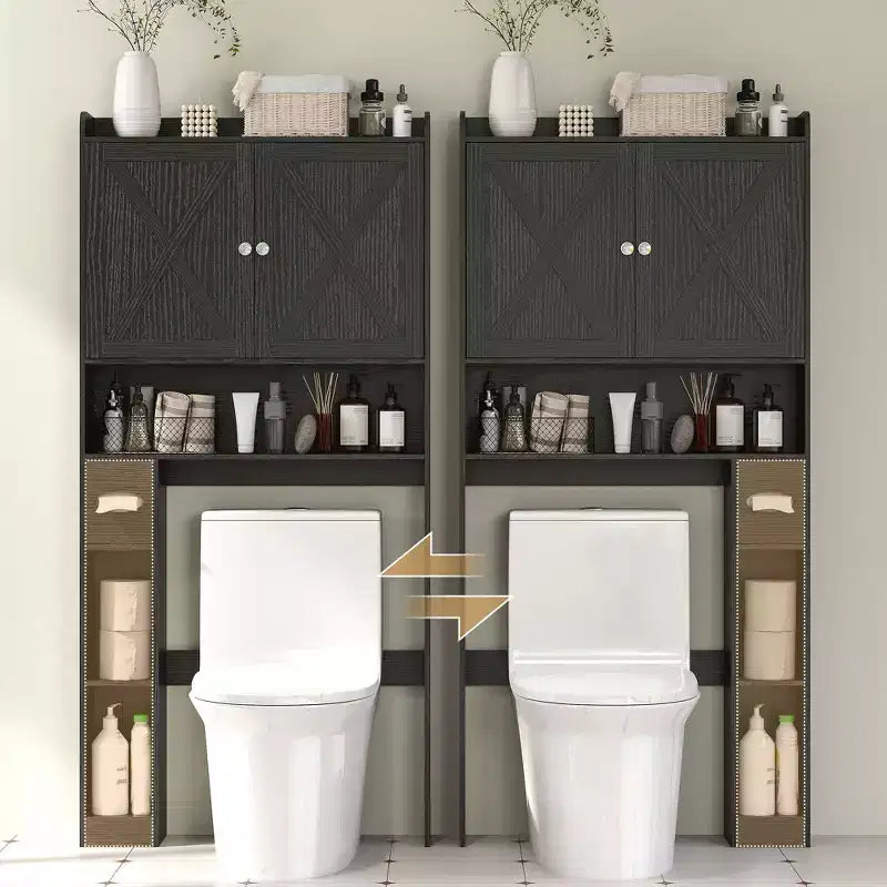 Mobile contenitore sopra il WC, organizer da bagno in stile rustico con ante a fienile, ripiano regolabile e portarotolo
