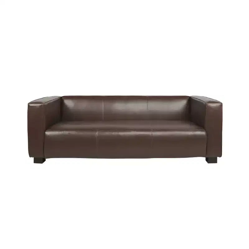 Nowoczesna sofa 3-osobowa ze skórzaną tapicerką syntetyczną, kwadratowymi podłokietnikami i nogami z drewna brzozowego
