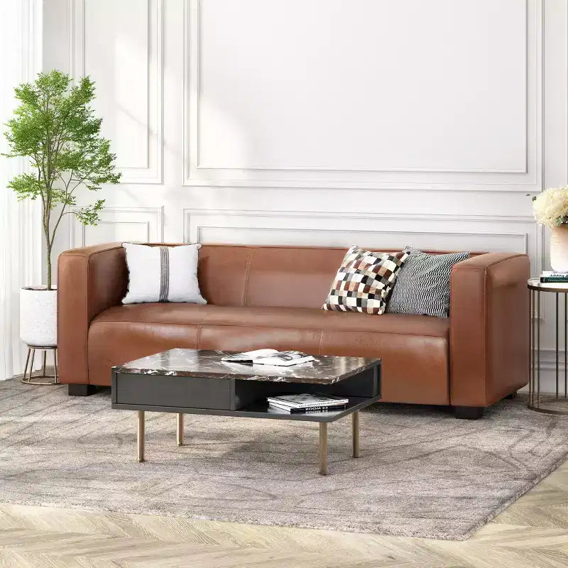 Nowoczesna sofa 3-osobowa ze skórzaną tapicerką syntetyczną, kwadratowymi podłokietnikami i nogami z drewna brzozowego