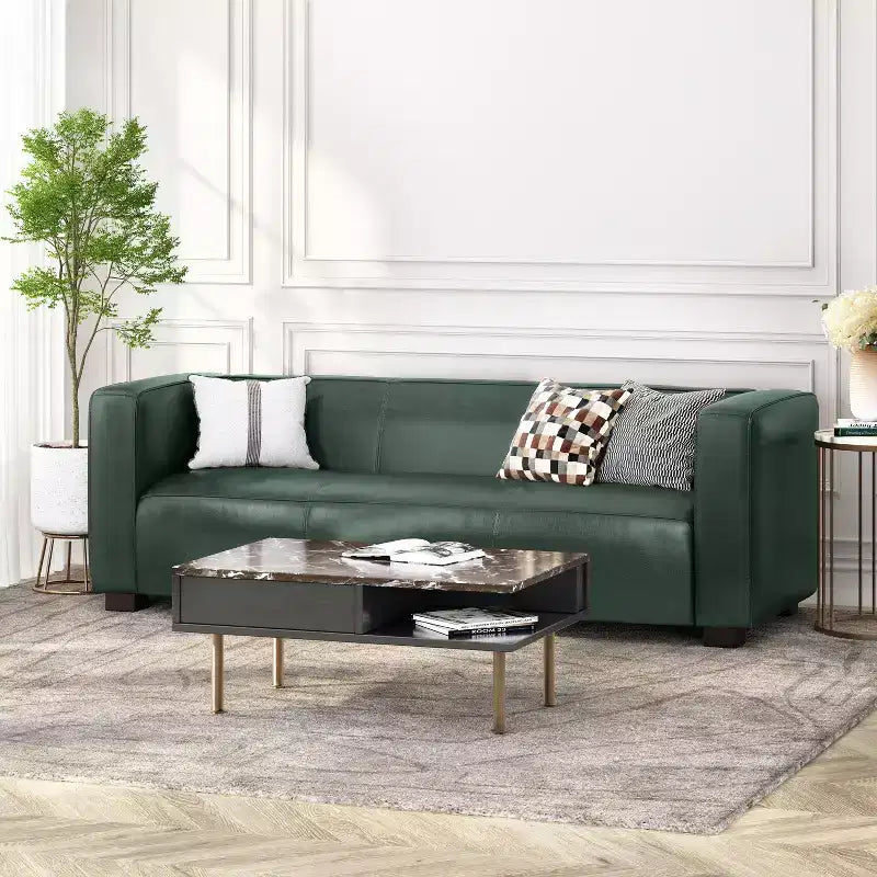 Nowoczesna sofa 3-osobowa ze skórzaną tapicerką syntetyczną, kwadratowymi podłokietnikami i nogami z drewna brzozowego