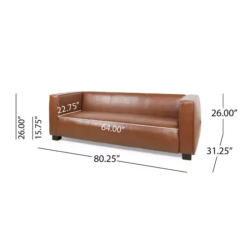 Nowoczesna sofa 3-osobowa ze skórzaną tapicerką syntetyczną, kwadratowymi podłokietnikami i nogami z drewna brzozowego