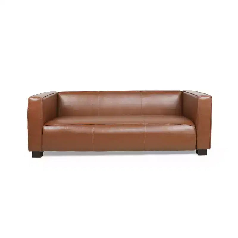 Nowoczesna sofa 3-osobowa ze skórzaną tapicerką syntetyczną, kwadratowymi podłokietnikami i nogami z drewna brzozowego
