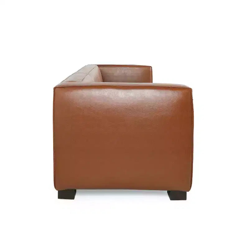 Nowoczesna sofa 3-osobowa ze skórzaną tapicerką syntetyczną, kwadratowymi podłokietnikami i nogami z drewna brzozowego