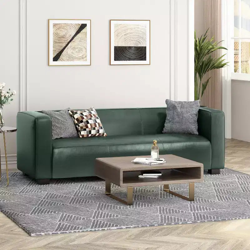 Nowoczesna sofa 3-osobowa ze skórzaną tapicerką syntetyczną, kwadratowymi podłokietnikami i nogami z drewna brzozowego