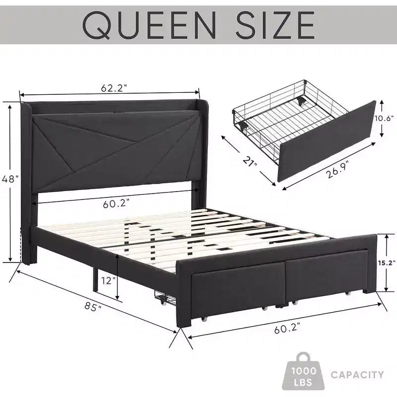 Struttura letto matrimoniale queen size con 2 cassetti contenitore, testiera imbottita in tessuto foderato con stazione di ricarica e ripiano contenitore, senza bisogno di rete a molle, beige