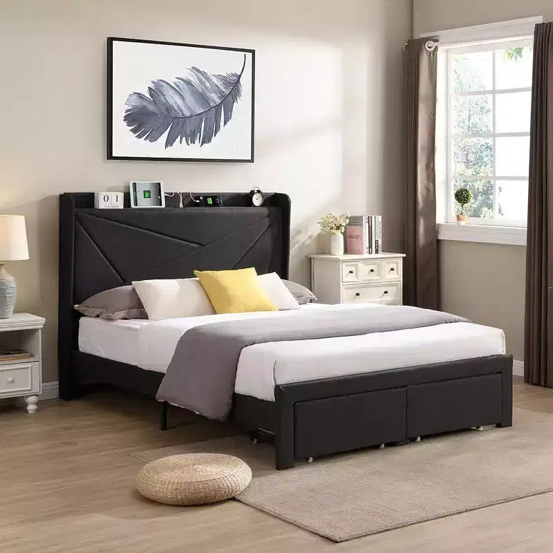 Struttura letto matrimoniale queen size con 2 cassetti contenitore, testiera imbottita in tessuto foderato con stazione di ricarica e ripiano contenitore, senza bisogno di rete a molle, beige