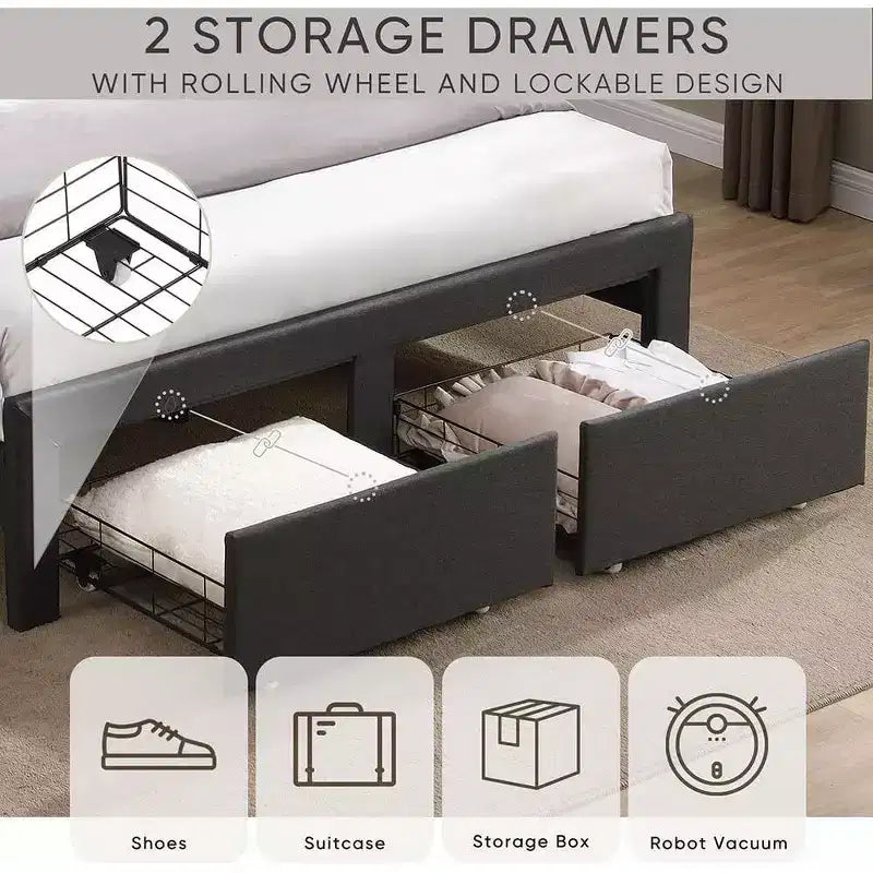 Struttura letto matrimoniale queen size con 2 cassetti contenitore, testiera imbottita in tessuto foderato con stazione di ricarica e ripiano contenitore, senza bisogno di rete a molle, beige