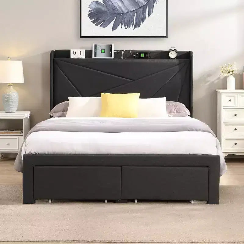 Struttura letto matrimoniale queen size con 2 cassetti contenitore, testiera imbottita in tessuto foderato con stazione di ricarica e ripiano contenitore, senza bisogno di rete a molle, beige