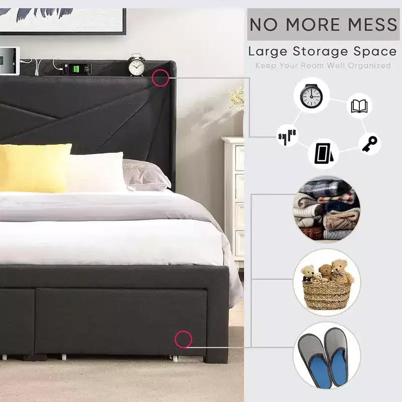 Struttura letto matrimoniale queen size con 2 cassetti contenitore, testiera imbottita in tessuto foderato con stazione di ricarica e ripiano contenitore, senza bisogno di rete a molle, beige