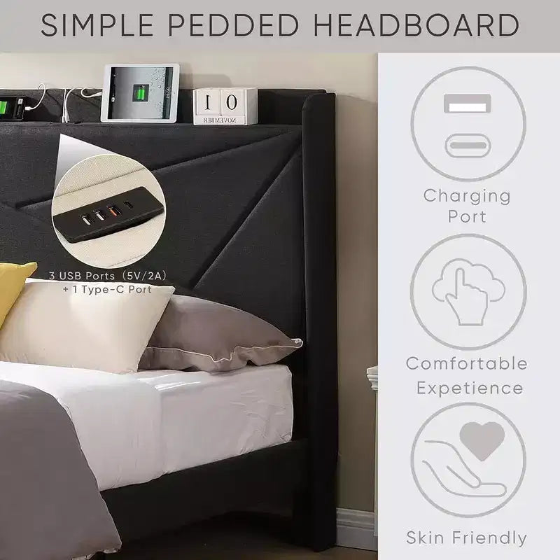 Struttura letto matrimoniale queen size con 2 cassetti contenitore, testiera imbottita in tessuto foderato con stazione di ricarica e ripiano contenitore, senza bisogno di rete a molle, beige