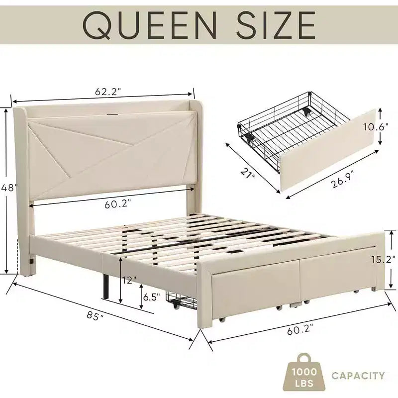 Struttura letto matrimoniale queen size con 2 cassetti contenitore, testiera imbottita in tessuto foderato con stazione di ricarica e ripiano contenitore, senza bisogno di rete a molle, beige