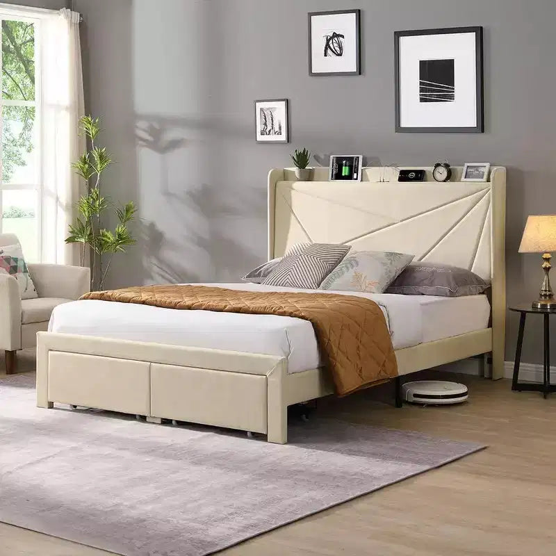 Struttura letto matrimoniale queen size con 2 cassetti contenitore, testiera imbottita in tessuto foderato con stazione di ricarica e ripiano contenitore, senza bisogno di rete a molle, beige