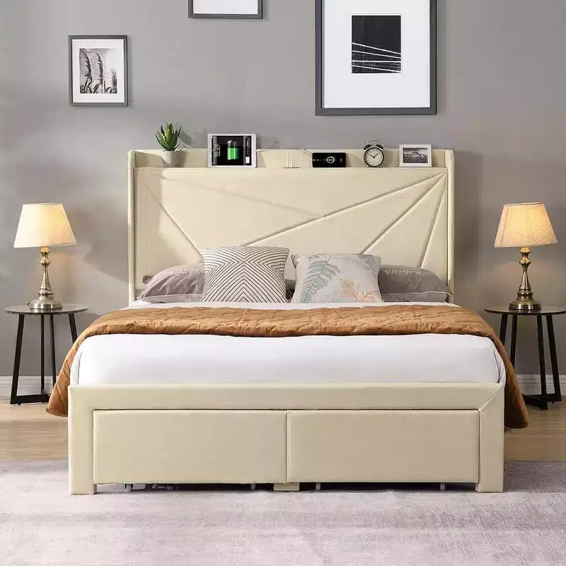 Struttura letto matrimoniale queen size con 2 cassetti contenitore, testiera imbottita in tessuto foderato con stazione di ricarica e ripiano contenitore, senza bisogno di rete a molle, beige