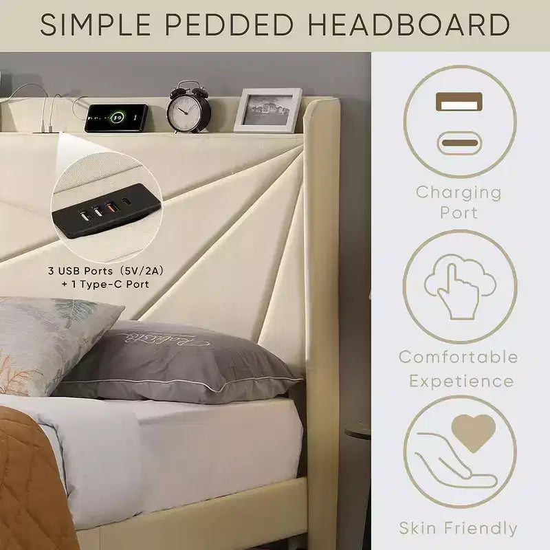 Struttura letto matrimoniale queen size con 2 cassetti contenitore, testiera imbottita in tessuto foderato con stazione di ricarica e ripiano contenitore, senza bisogno di rete a molle, beige
