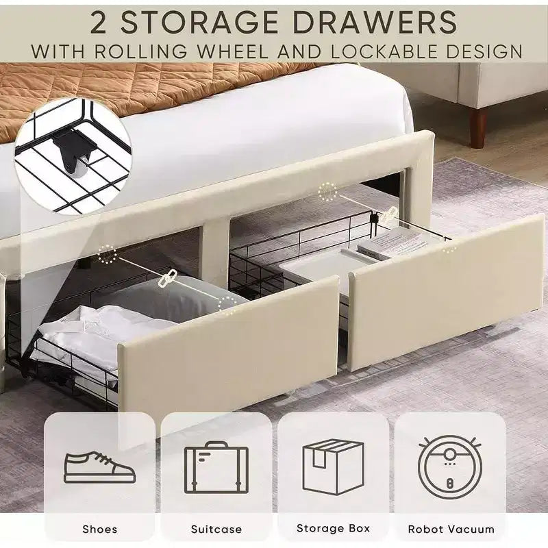 Struttura letto matrimoniale queen size con 2 cassetti contenitore, testiera imbottita in tessuto foderato con stazione di ricarica e ripiano contenitore, senza bisogno di rete a molle, beige