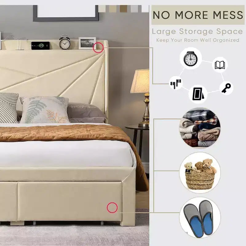 Struttura letto matrimoniale queen size con 2 cassetti contenitore, testiera imbottita in tessuto foderato con stazione di ricarica e ripiano contenitore, senza bisogno di rete a molle, beige