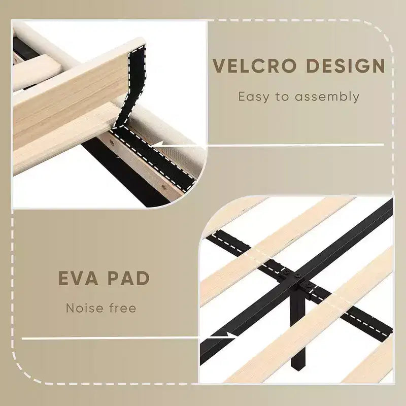 Struttura letto matrimoniale queen size con 2 cassetti contenitore, testiera imbottita in tessuto foderato con stazione di ricarica e ripiano contenitore, senza bisogno di rete a molle, beige