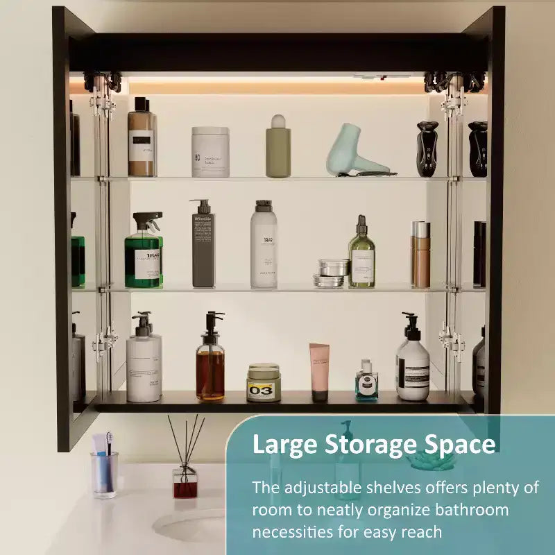Duża szafka łazienkowa z lustrem i oświetleniem, do montażu we wnęce lub na ścianie, z lustrem z funkcją odparowywania, regulowanymi półkami, ściemnianym oświetleniem, czarna