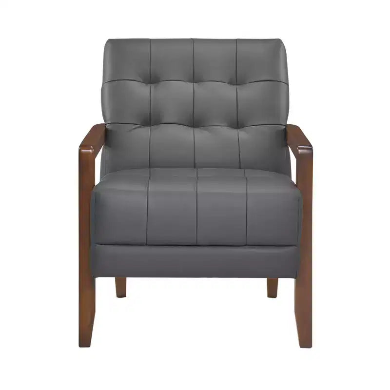 Comoda poltrona d'accento in pelle, contemporanea per il soggiorno, con cuscino imbottito trapuntato e braccioli in legno color noce