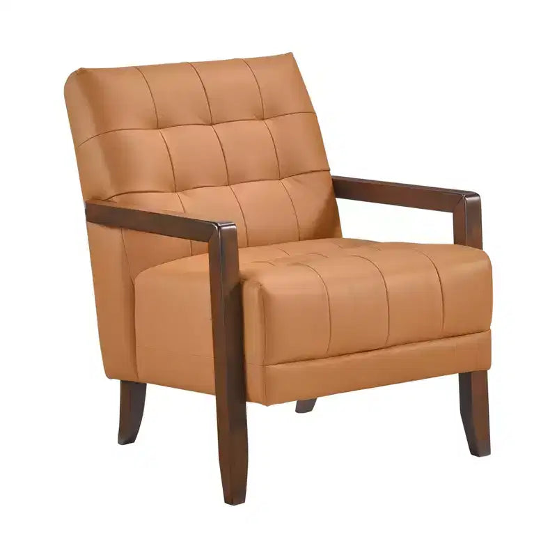 Comoda poltrona d'accento in pelle, contemporanea per il soggiorno, con cuscino imbottito trapuntato e braccioli in legno color noce