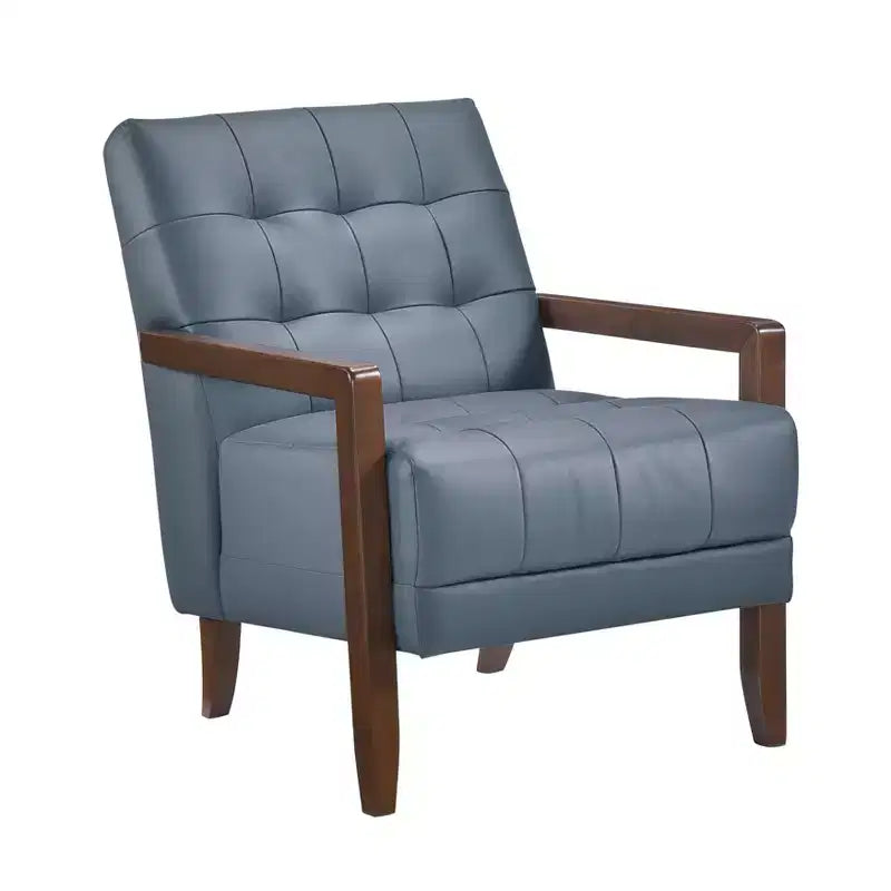 Comfy Leather Accent Chair Contemporary Living Room Chair with Upholstered Tufted Cushion Walnut Finish Wood Armchair