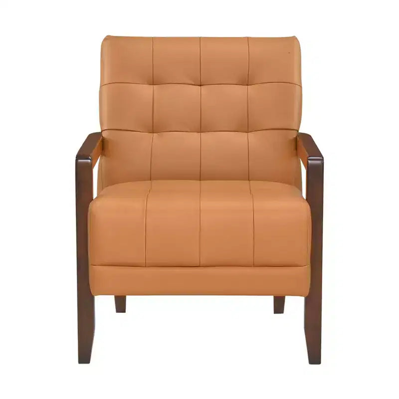 Comoda poltrona d'accento in pelle, contemporanea per il soggiorno, con cuscino imbottito trapuntato e braccioli in legno color noce