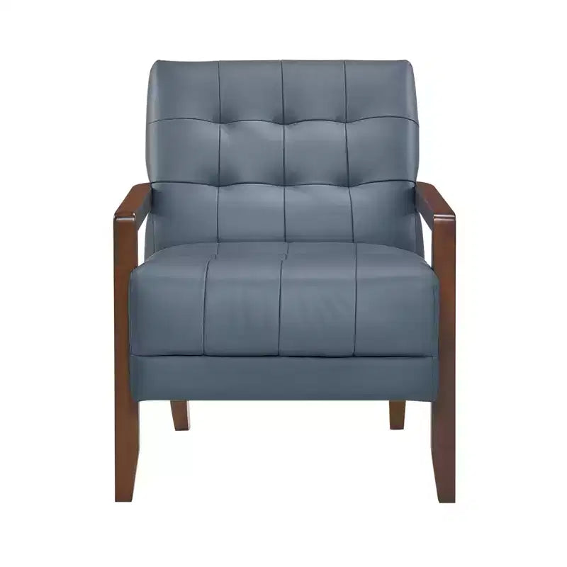Comoda poltrona d'accento in pelle, contemporanea per il soggiorno, con cuscino imbottito trapuntato e braccioli in legno color noce