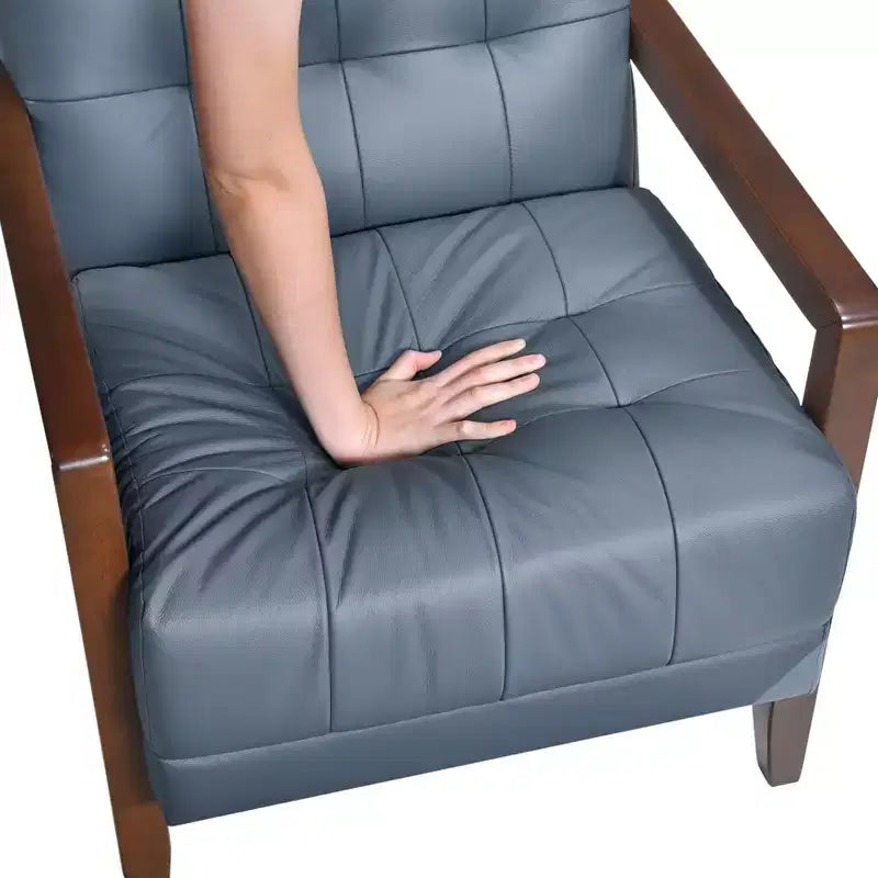 Comfy Leather Accent Chair Contemporary Living Room Chair with Upholstered Tufted Cushion Walnut Finish Wood Armchair