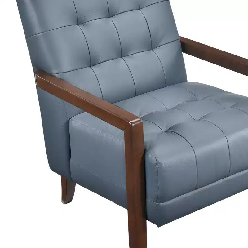 Comfy Leather Accent Chair Contemporary Living Room Chair with Upholstered Tufted Cushion Walnut Finish Wood Armchair