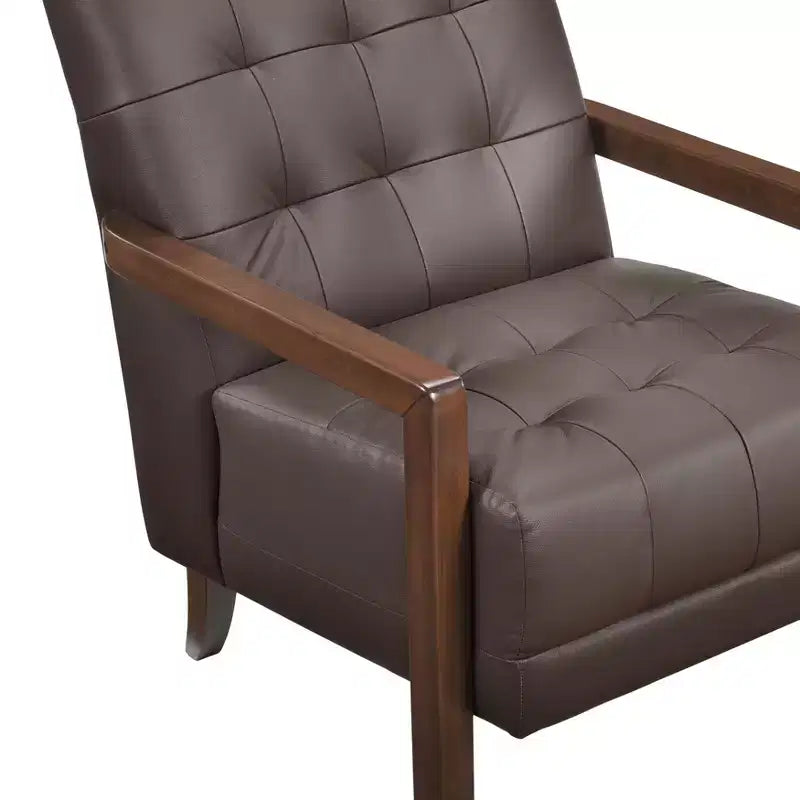 Comoda poltrona d'accento in pelle, contemporanea per il soggiorno, con cuscino imbottito trapuntato e braccioli in legno color noce