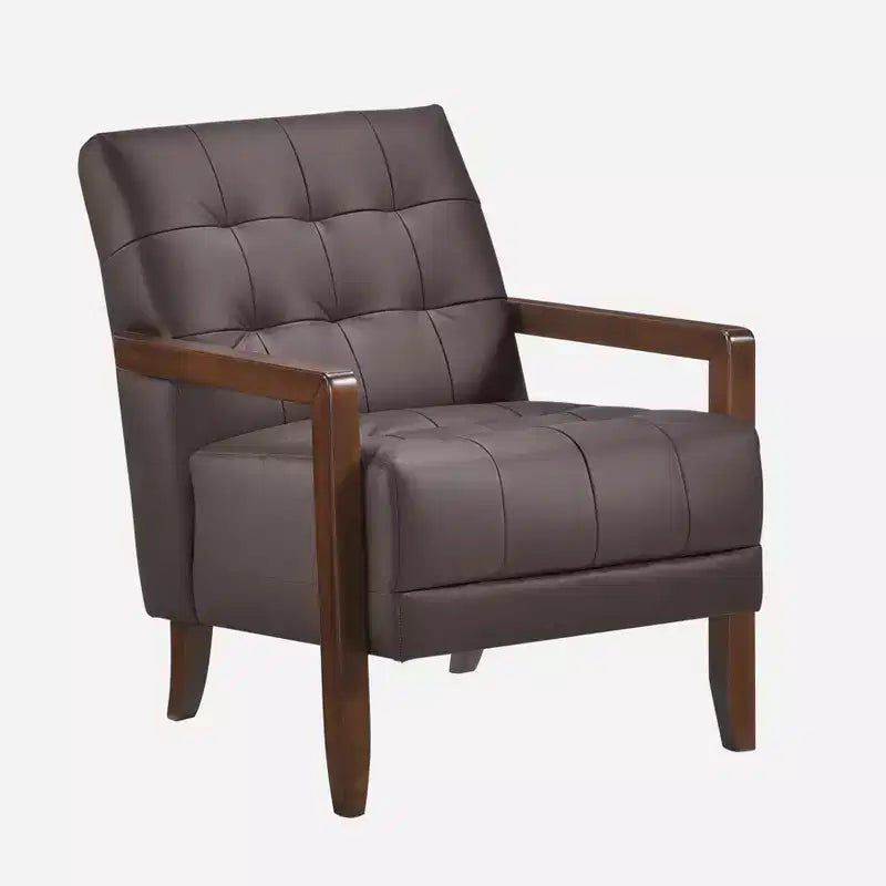 Comoda poltrona d'accento in pelle, contemporanea per il soggiorno, con cuscino imbottito trapuntato e braccioli in legno color noce