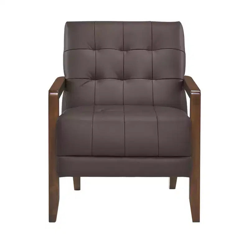 Comoda poltrona d'accento in pelle, contemporanea per il soggiorno, con cuscino imbottito trapuntato e braccioli in legno color noce