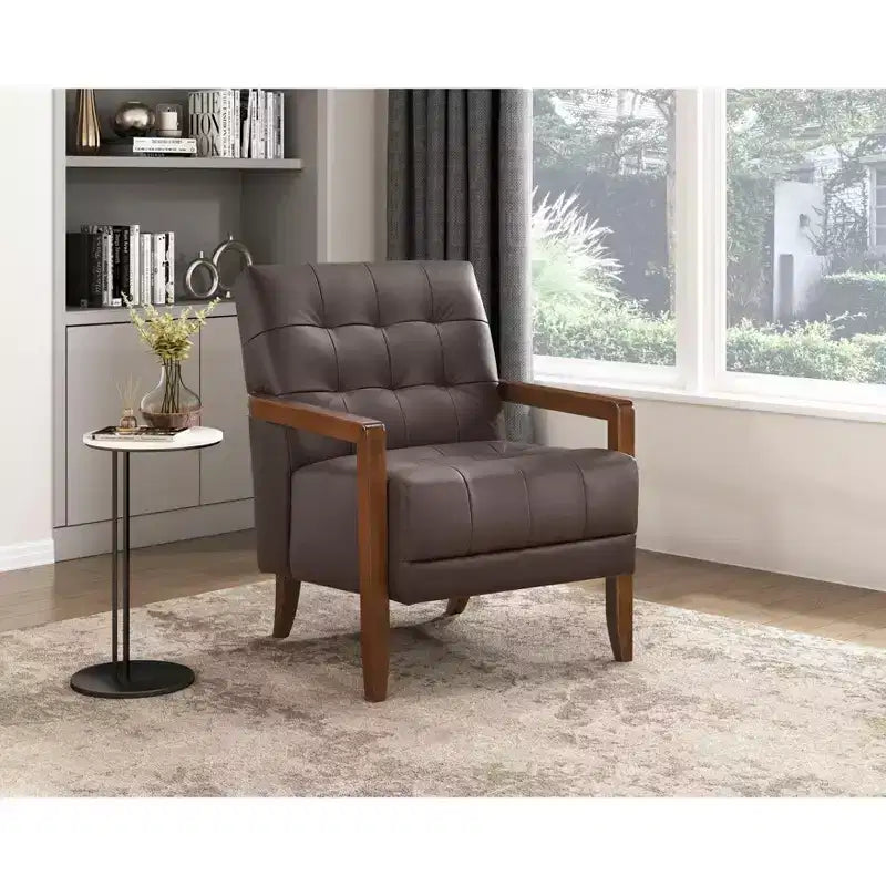 Comfy Leather Accent Chair Contemporary Living Room Chair with Upholstered Tufted Cushion Walnut Finish Wood Armchair