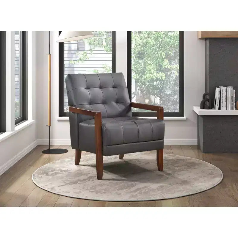 Comfy Leather Accent Chair Contemporary Living Room Chair with Upholstered Tufted Cushion Walnut Finish Wood Armchair