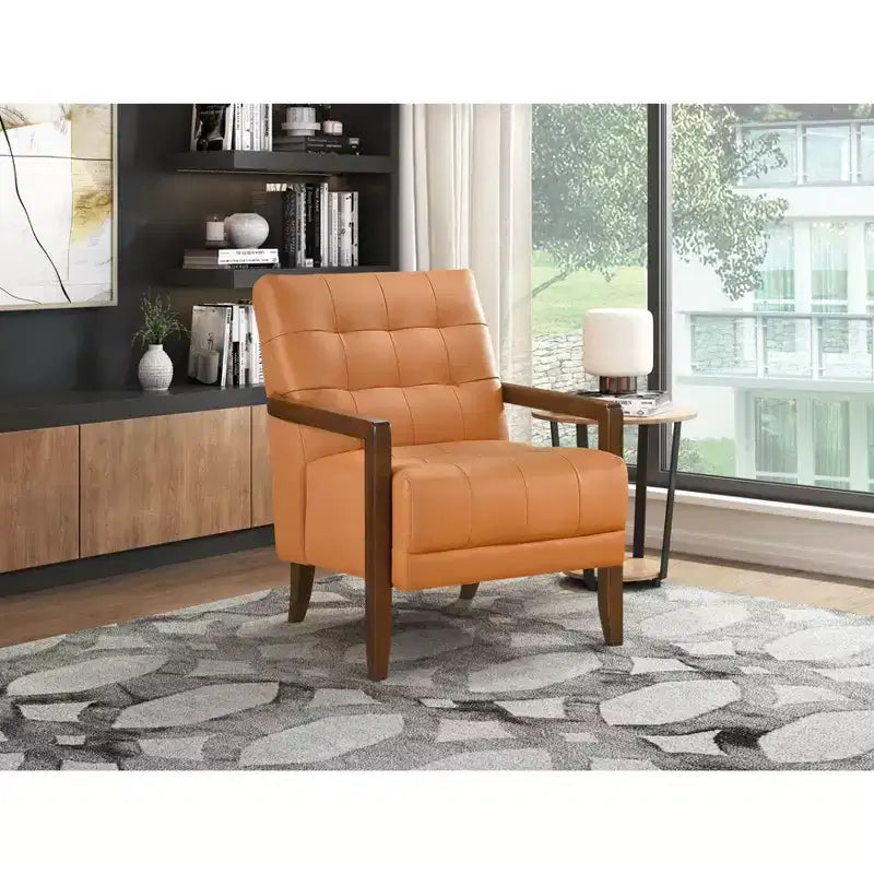Comfy Leather Accent Chair Contemporary Living Room Chair with Upholstered Tufted Cushion Walnut Finish Wood Armchair